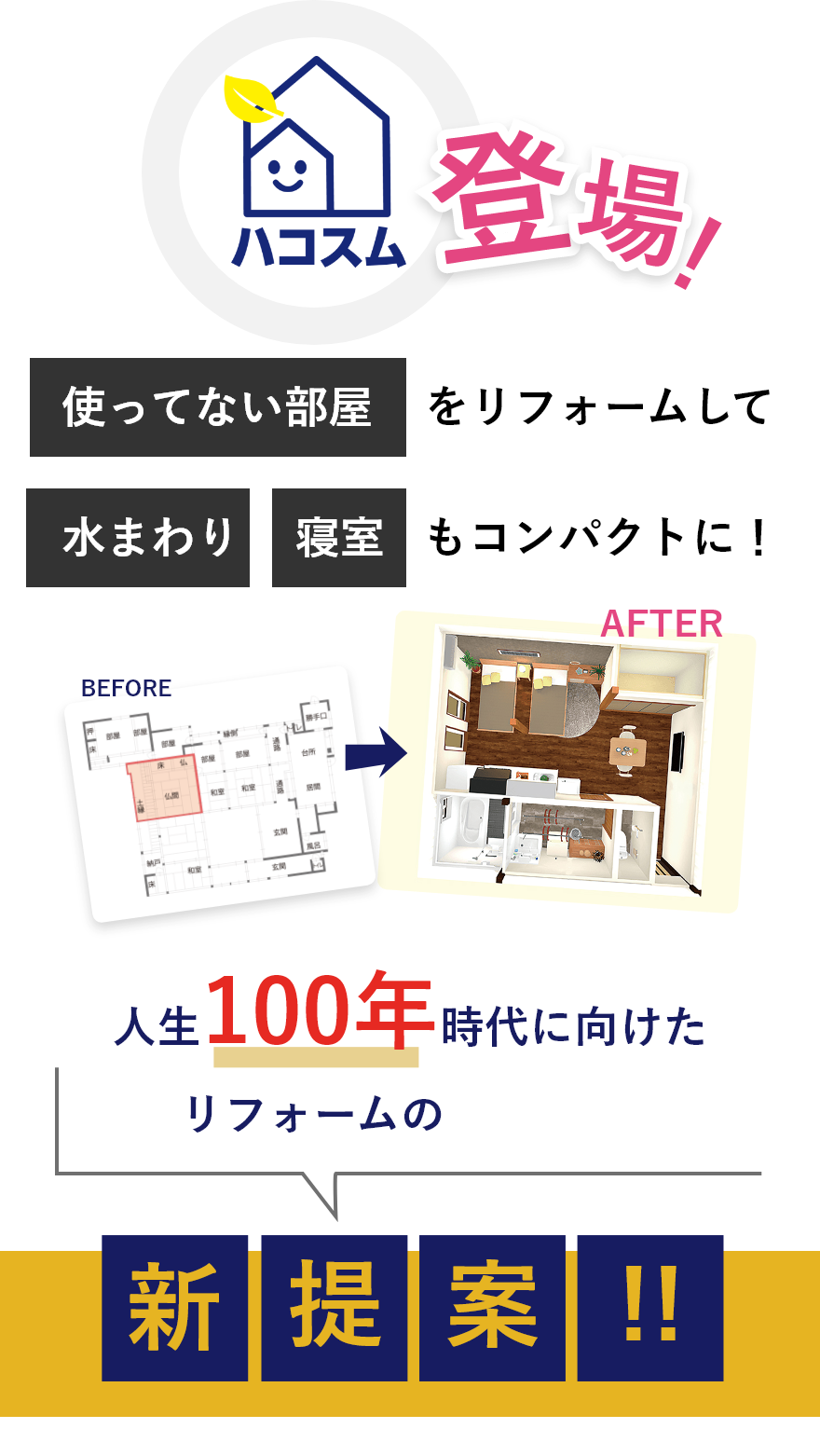 使っていない部屋をリフォームして水まわり、寝室もコンパクトに！